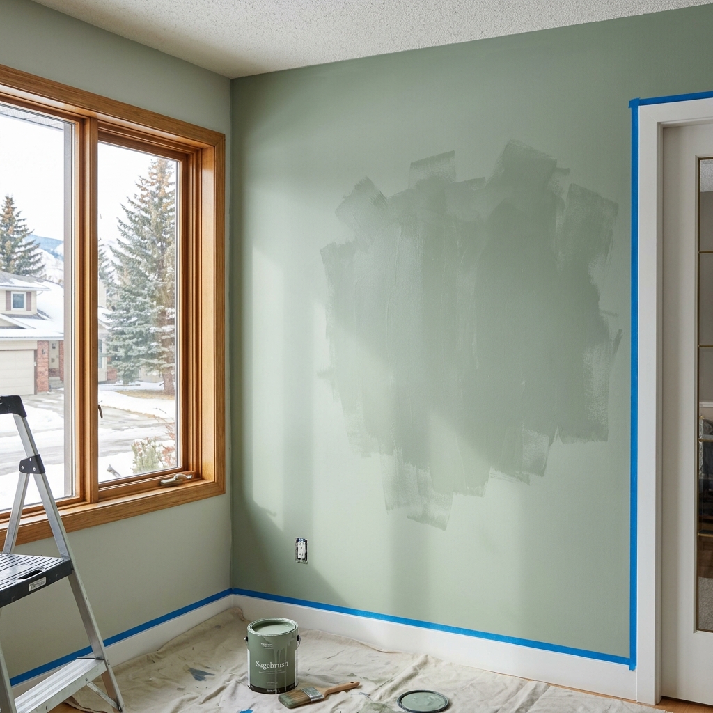 A finished living room with freshly painted walls and trim in a Crossfield home
